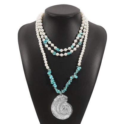 Exaggerated Bohemian Streetwear Conch Imitation Pearl Alloy Turquoise Wholesale Three Layer Necklace