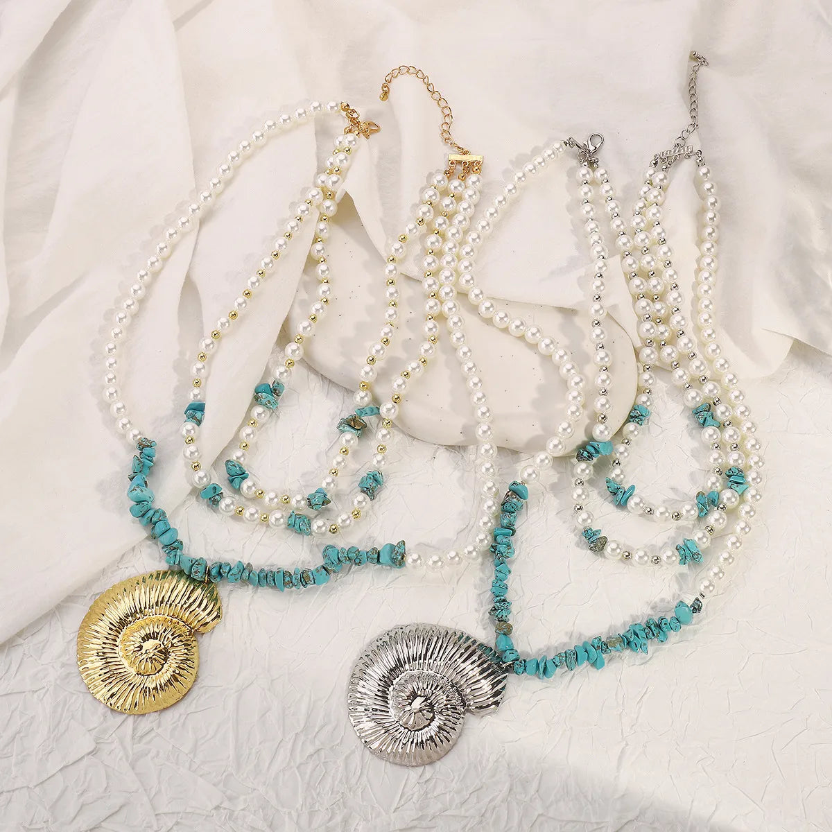 Exaggerated Bohemian Streetwear Conch Imitation Pearl Alloy Turquoise Wholesale Three Layer Necklace