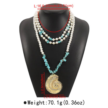 Exaggerated Bohemian Streetwear Conch Imitation Pearl Alloy Turquoise Wholesale Three Layer Necklace