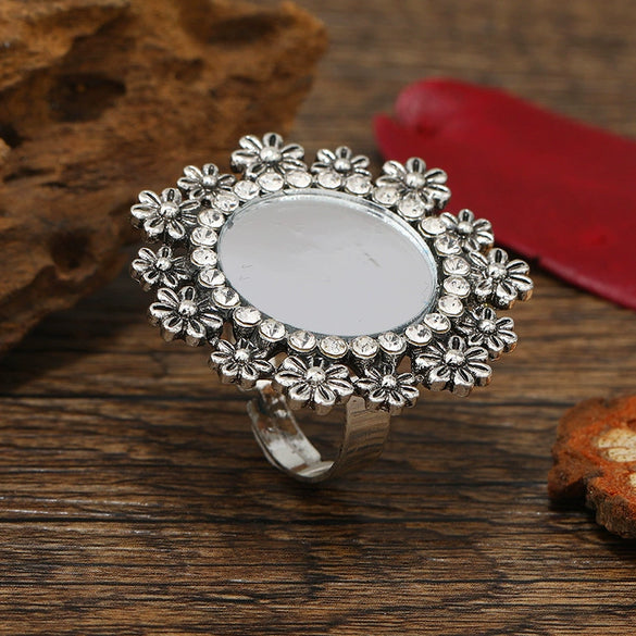 Exaggerated Bohemian Style Geometric Flower Ring In Electroplated Alloy Retro Carved Adjustable Unisex Statement Ring