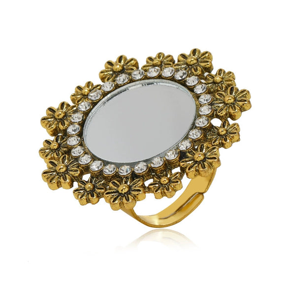 Exaggerated Bohemian Style Geometric Flower Ring In Electroplated Alloy Retro Carved Adjustable Unisex Statement Ring