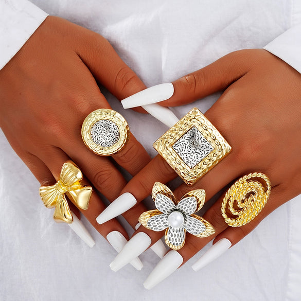 Exaggerated Bow Flower Ring Set Alloy Electroplating Inlaid Pearl Women's Hand Jewelry