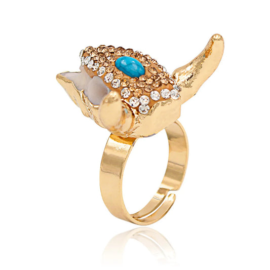 Exaggerated Bull Head Alloy Inlay Turquoise Rhinestones Unisex Open Ring