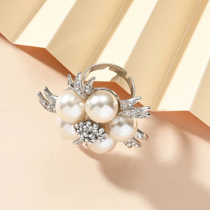 Exaggerated Diamond-Studded Pearl Flower Ring Fashion Retro New Light Luxury Open Ring