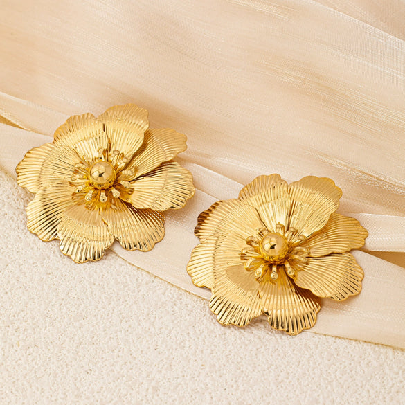 Exaggerated Electroplated Alloy Flower Earrings For Women Floral Statement Jewelry For Daily Wear Parties And Vacations