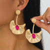 Exaggerated Electroplated Ginkgo Leaf Earrings For Women Oval Floral Statement Jewelry In Iron Alloy With Stainless Steel Posts