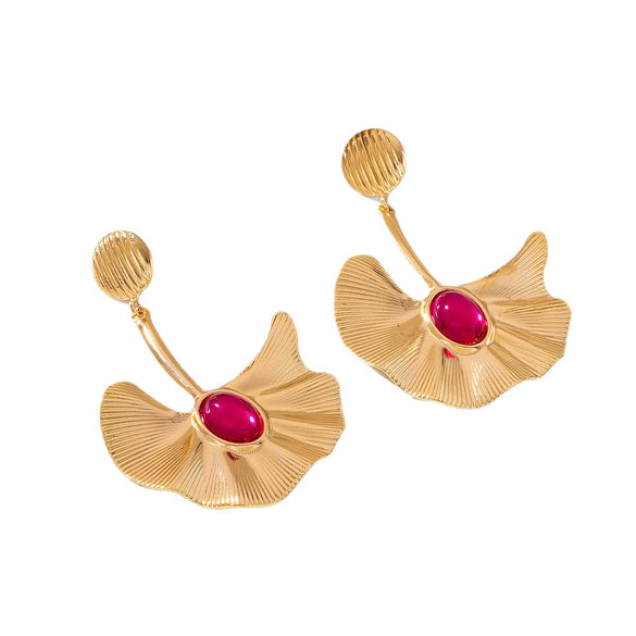 Exaggerated Electroplated Ginkgo Leaf Earrings For Women Oval Floral Statement Jewelry In Iron Alloy With Stainless Steel Posts