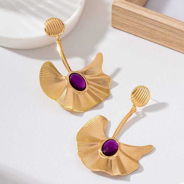 Exaggerated Electroplated Ginkgo Leaf Earrings For Women Oval Floral Statement Jewelry In Iron Alloy With Stainless Steel Posts