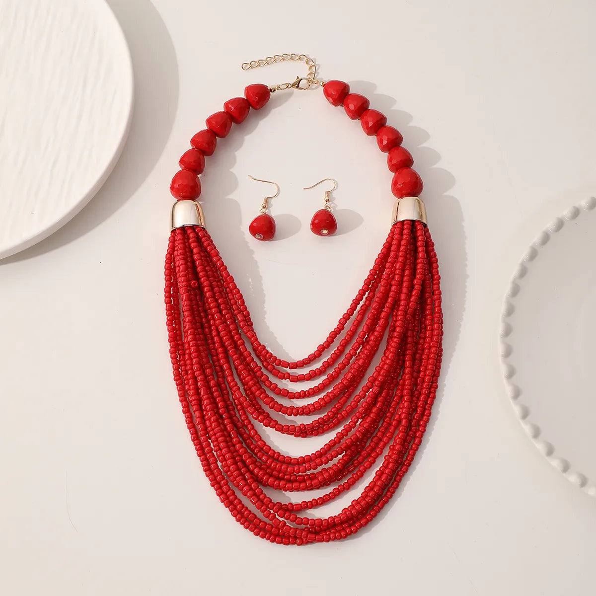 Exaggerated Ethnic Style Bohemian Circle Strawberry Arylic Seed Bead Women'S Earrings Necklace