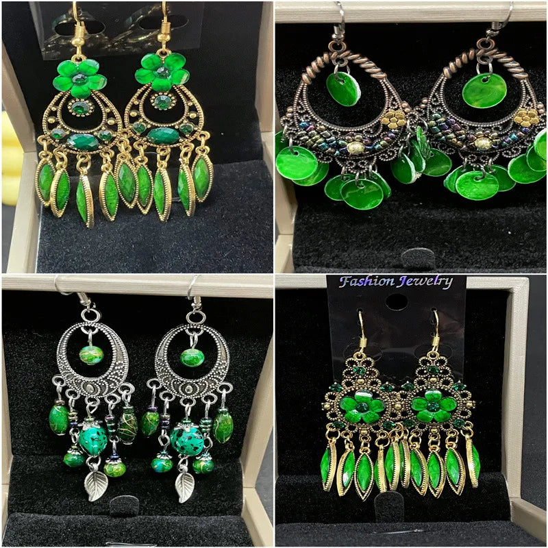 Exaggerated Ethnic Style Water Droplets Flower Alloy Beaded Tassel Inlay Rhinestones Women'S Drop Earrings