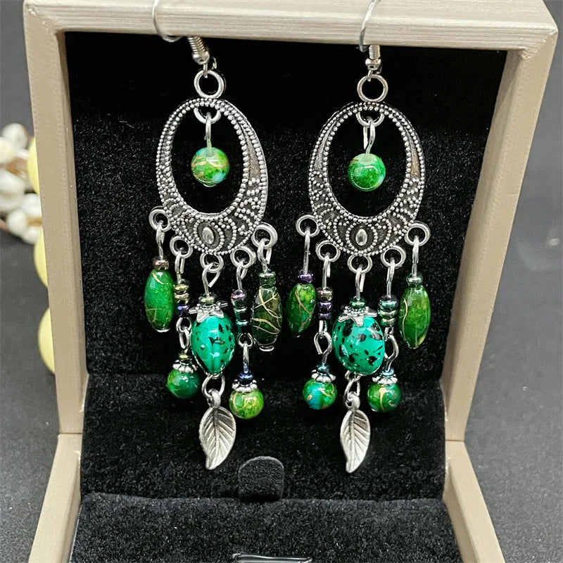 Exaggerated Ethnic Style Water Droplets Flower Alloy Beaded Tassel Inlay Rhinestones Women'S Drop Earrings