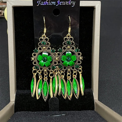 Exaggerated Ethnic Style Water Droplets Flower Alloy Beaded Tassel Inlay Rhinestones Women'S Drop Earrings