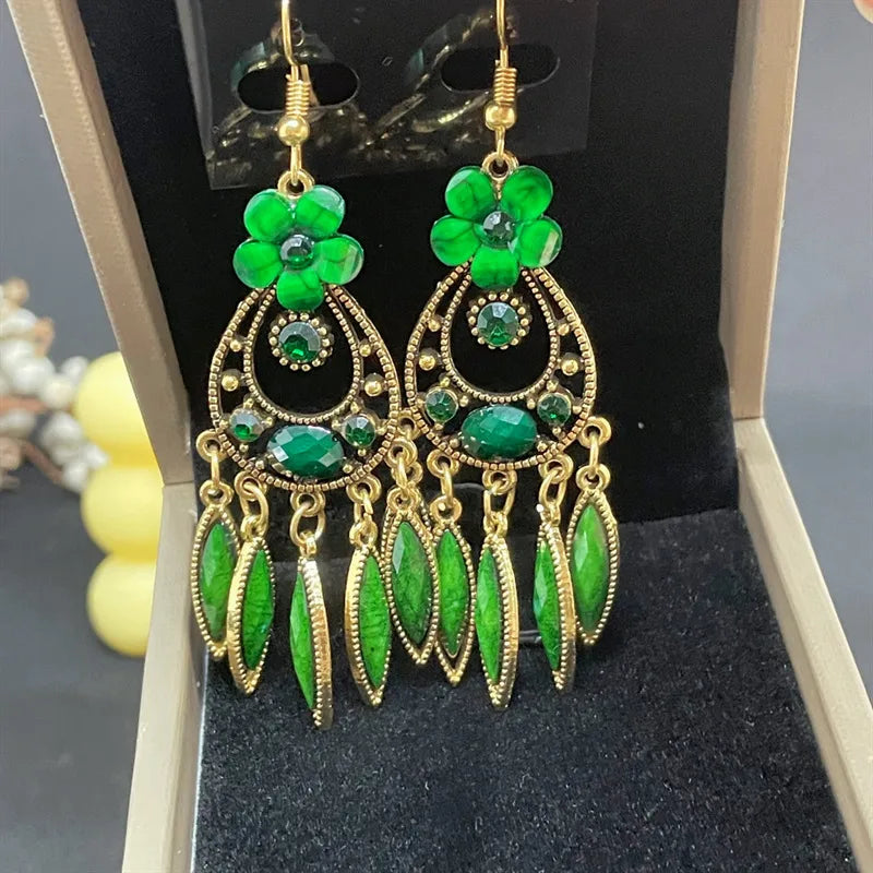 Exaggerated Ethnic Style Water Droplets Flower Alloy Beaded Tassel Inlay Rhinestones Women'S Drop Earrings