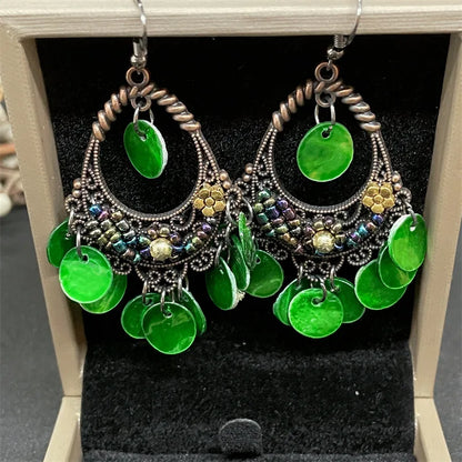 Exaggerated Ethnic Style Water Droplets Flower Alloy Beaded Tassel Inlay Rhinestones Women'S Drop Earrings