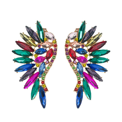 Exaggerated Fan-shaped Bohemian Wings Colorful Rhinestone Earrings