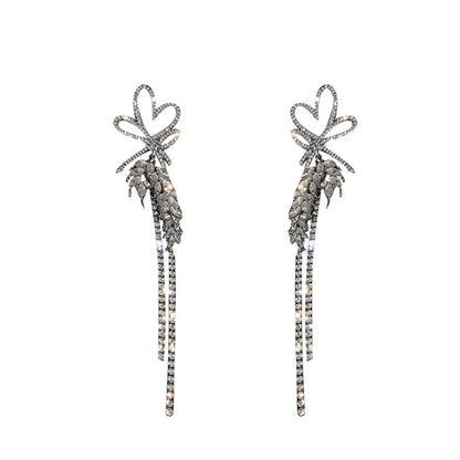 Exaggerated Fashion Tassel Heart Shape Alloy Tassel Diamond Rhinestones Women's Earrings