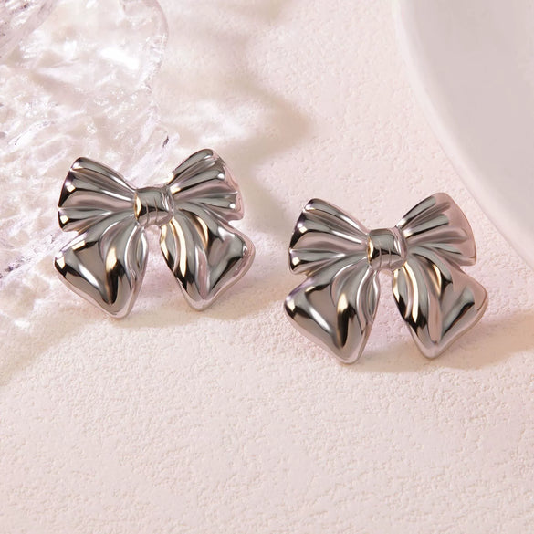 Exaggerated Fashionable Goldplated Stainless Steel Bow Earrings With Polish Finish For Women