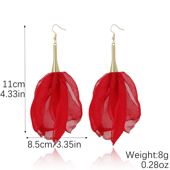Exaggerated Flower Tassel Fabric Handmade Earrings Sweet Style