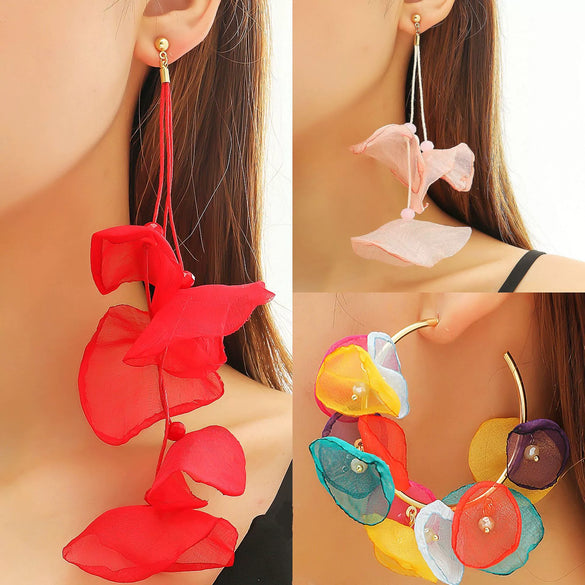 Exaggerated Flower Tassel Fabric Handmade Earrings Sweet Style