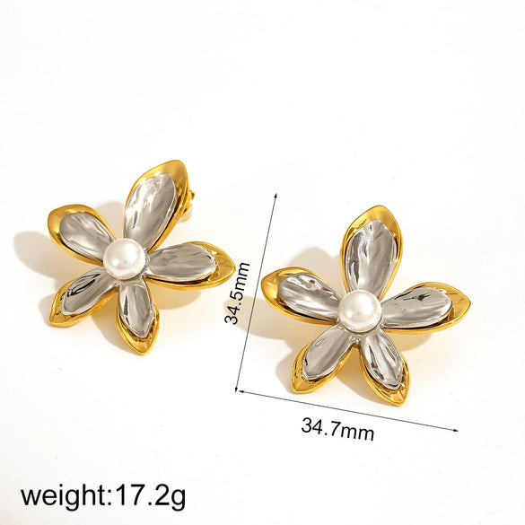 Exaggerated Flower Titanium Steel Ring For Women Inlaid With Pearls Electroplated Light Luxury Niche Adjustable High End