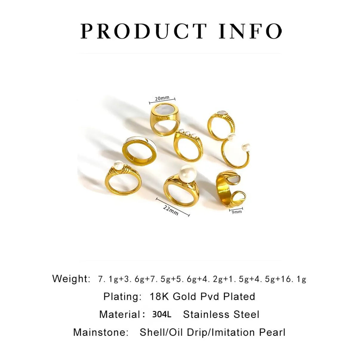 Exaggerated French Style Color Block 304 Stainless Steel 18K Gold Plated Shell Rings In Bulk