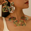 Exaggerated Geometric Alloy Earrings And Necklace For Women Electroplated With Square Spiral Vortex Pattern