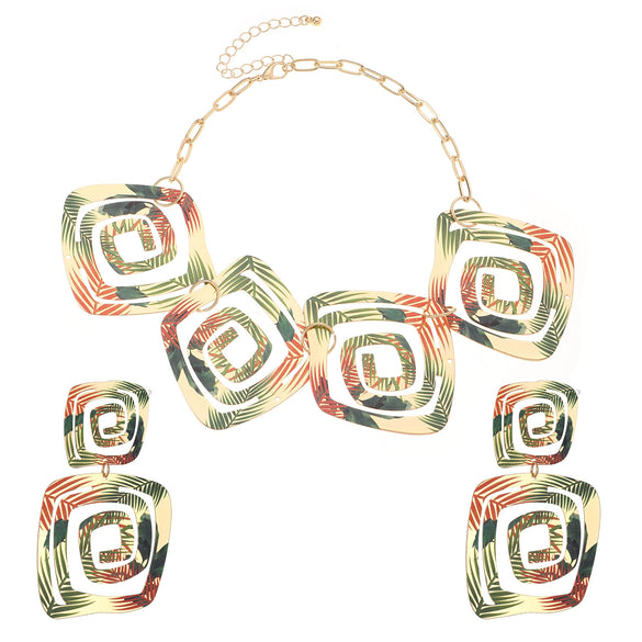 Exaggerated Geometric Alloy Earrings And Necklace For Women Electroplated With Square Spiral Vortex Pattern