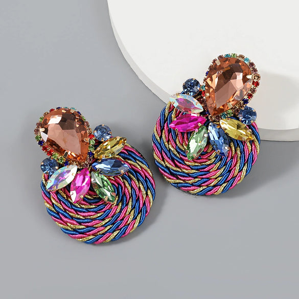 Exaggerated Geometric Alloy Glass Diamondencrusted Round Earrings For Women