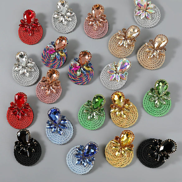 Exaggerated Geometric Alloy Glass Diamondencrusted Round Earrings For Women