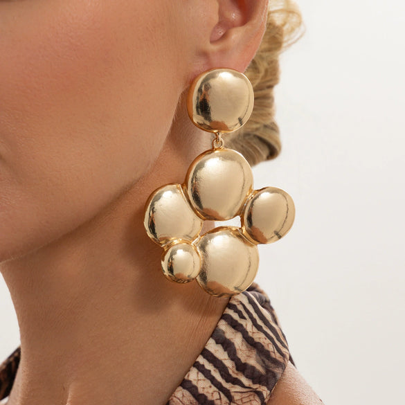 Exaggerated Geometric Hemispherical Tassel Earrings Smooth Round Alloy Design With Electroplated Finish And Steel Posts