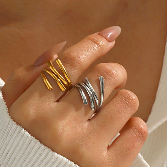 Exaggerated Geometric Irregular Open Stainless Steel Ring For Ladies With 18K Gold Plated Electroplating