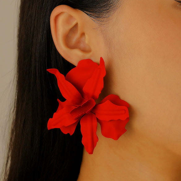 Exaggerated Geometric Pleated Baking Paint Flower Alloy Earrings For Women