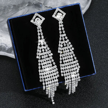 1 Pair Exaggerated Geometric Tassel Rhinestone Drop Earrings