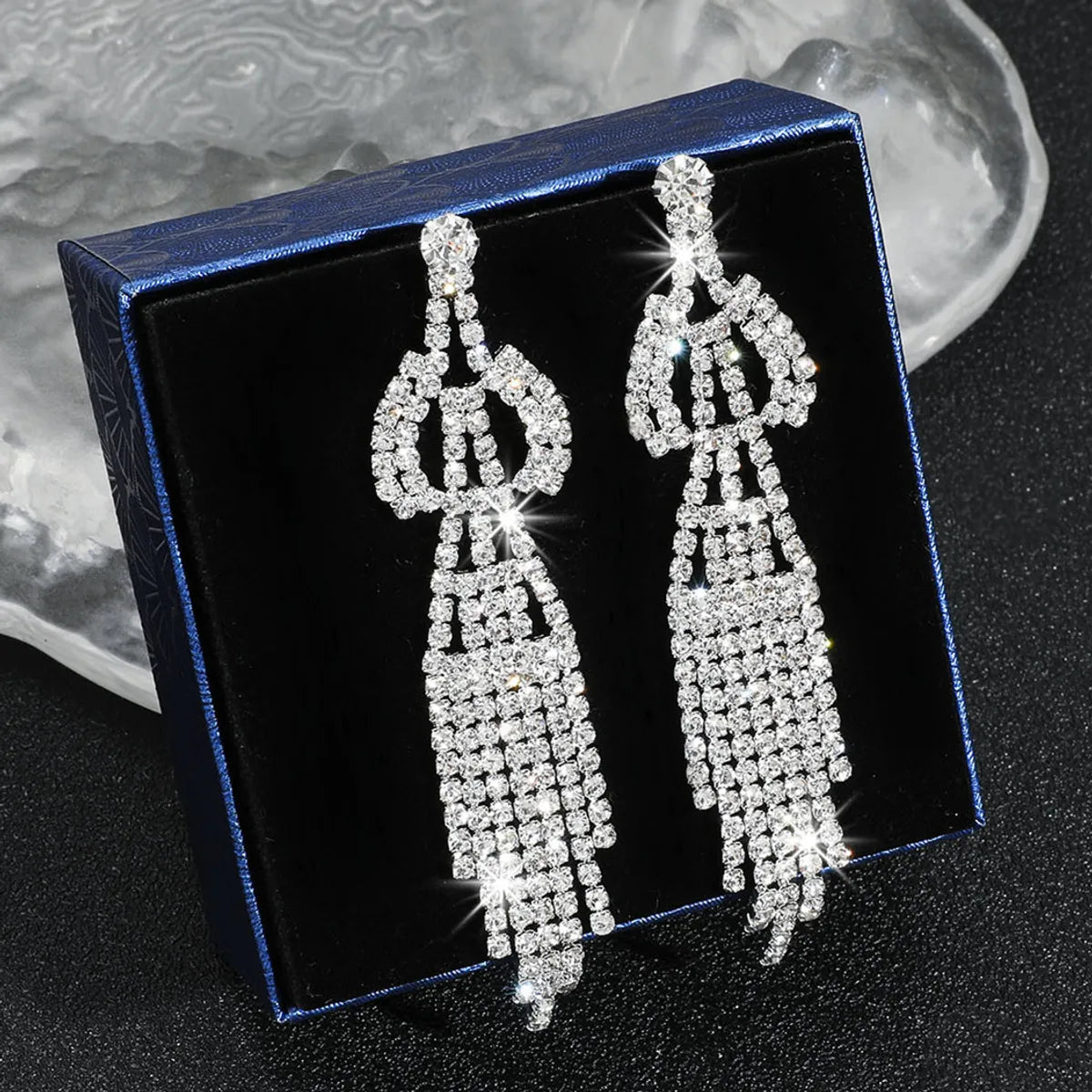 1 Pair Exaggerated Geometric Tassel Rhinestone Drop Earrings