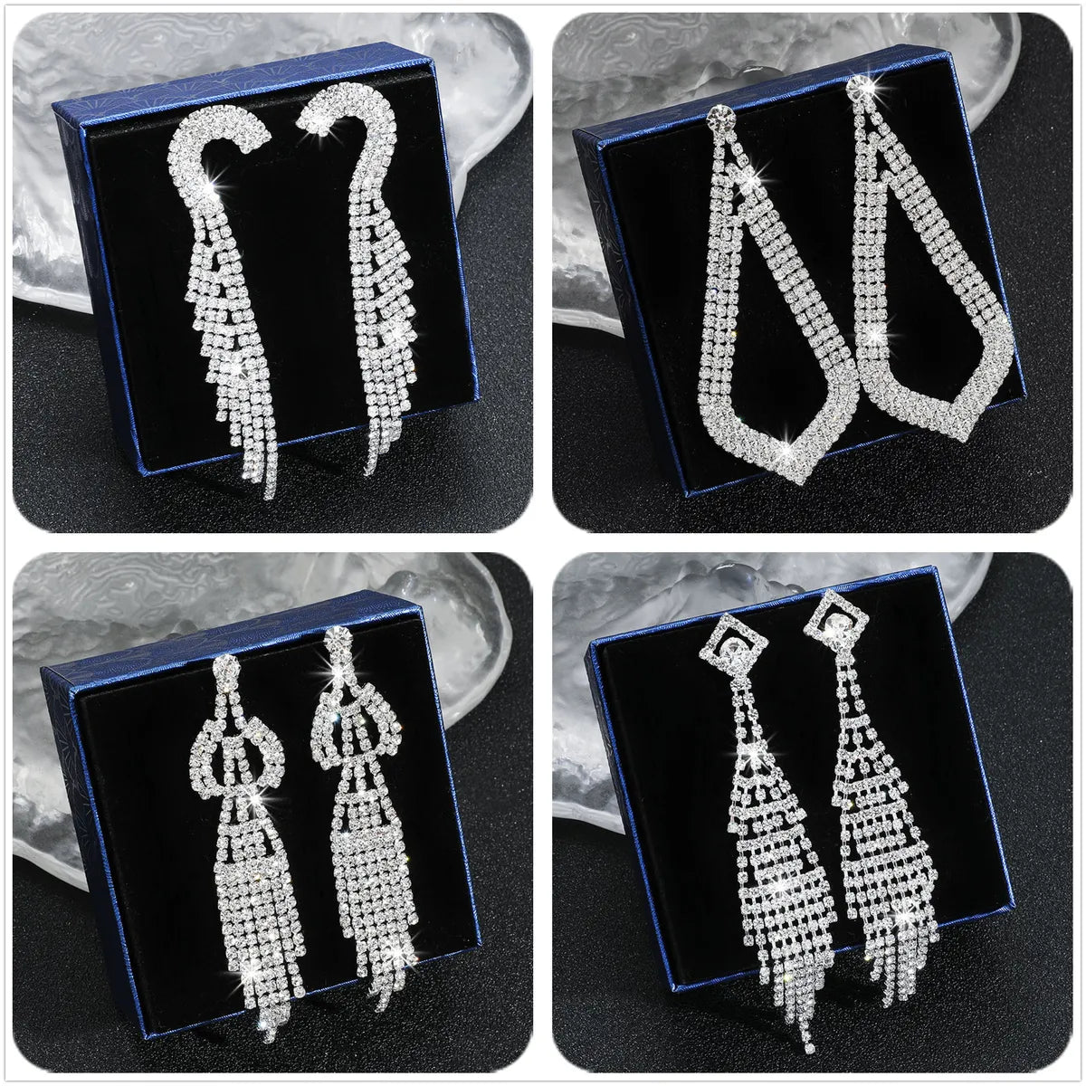 1 Pair Exaggerated Geometric Tassel Rhinestone Drop Earrings