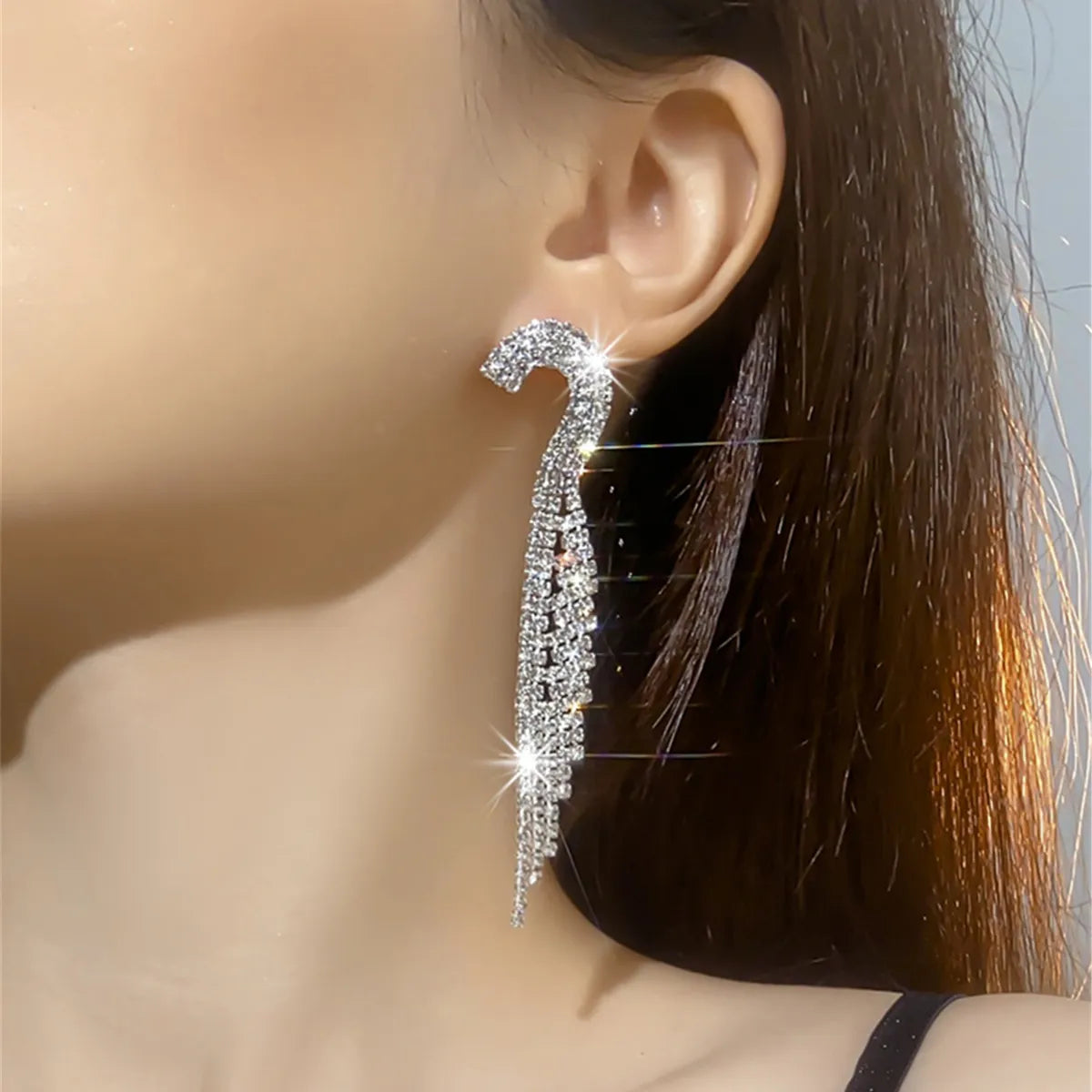 1 Pair Exaggerated Geometric Tassel Rhinestone Drop Earrings