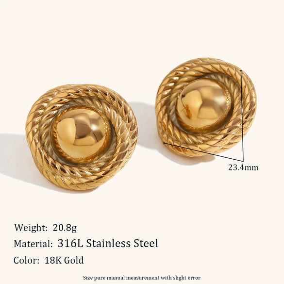 Exaggerated Geometric Round Pattern Button Stud Earrings For Women In Electroplated Stainless Steel Statement Jewelry