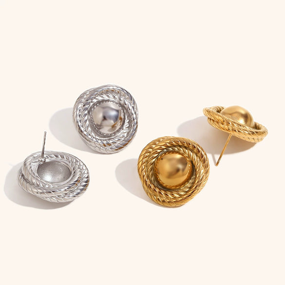 Exaggerated Geometric Round Pattern Button Stud Earrings For Women In Electroplated Stainless Steel Statement Jewelry