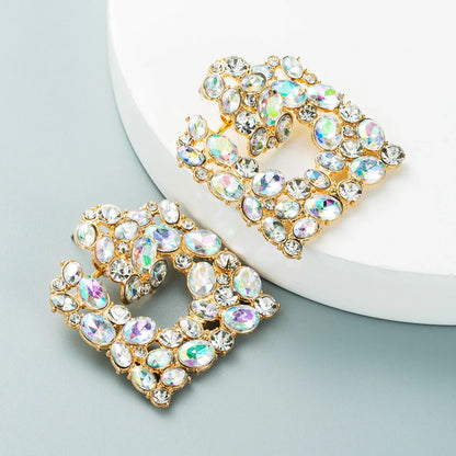 Exaggerated Geometric Square Color Diamond Earrings Fashion Alloy Hollow Inlaid Rhinestone Earrings