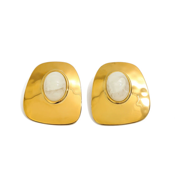 Exaggerated Geometric Stainless Steel Stud Earrings With Polished Finish Retro Ombre Resin Gemstones And Gold Electroplated Detail