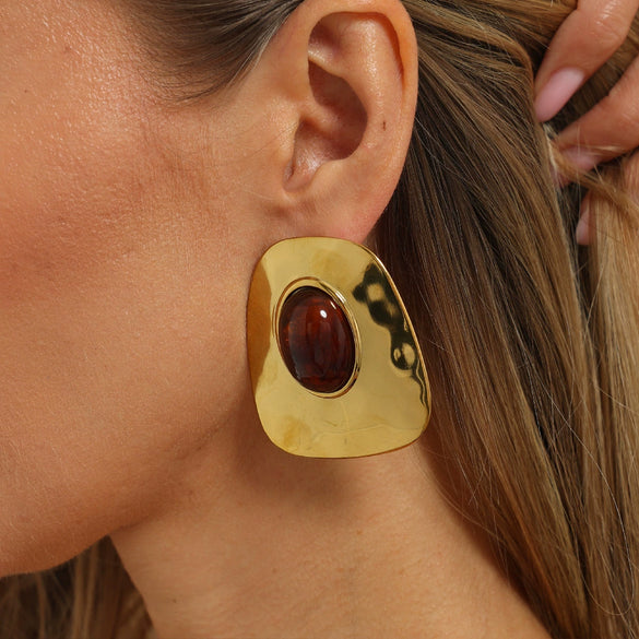 Exaggerated Geometric Stainless Steel Stud Earrings With Polished Finish Retro Ombre Resin Gemstones And Gold Electroplated Detail