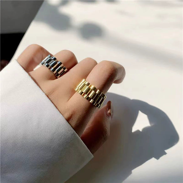 Exaggerated Geometric Thick Band Ring In Stainless Steel With Electroplated Gold Finish Unisex Statement Jewelry