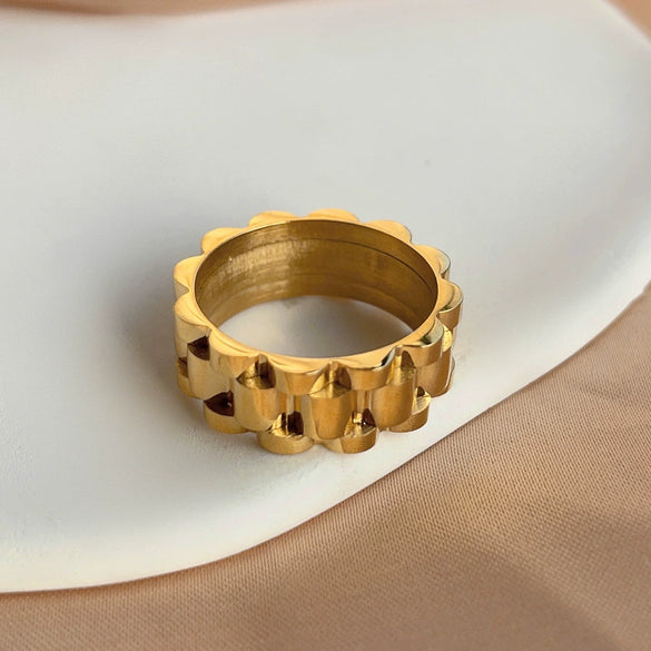 Exaggerated Geometric Thick Band Ring In Stainless Steel With Electroplated Gold Finish Unisex Statement Jewelry