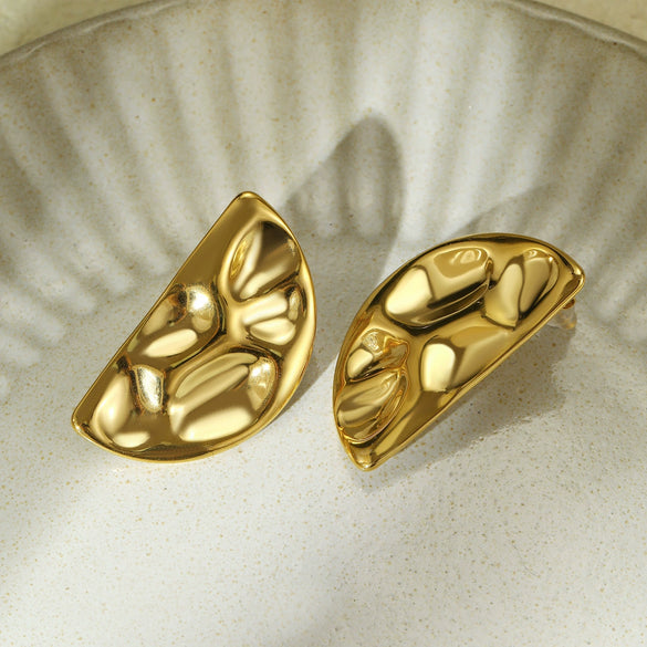Exaggerated Highend Titanium Steel And Stainless Steel Women's Earrings And Ring Set With Geometric Hammer Pattern And Electroplating Treatment
