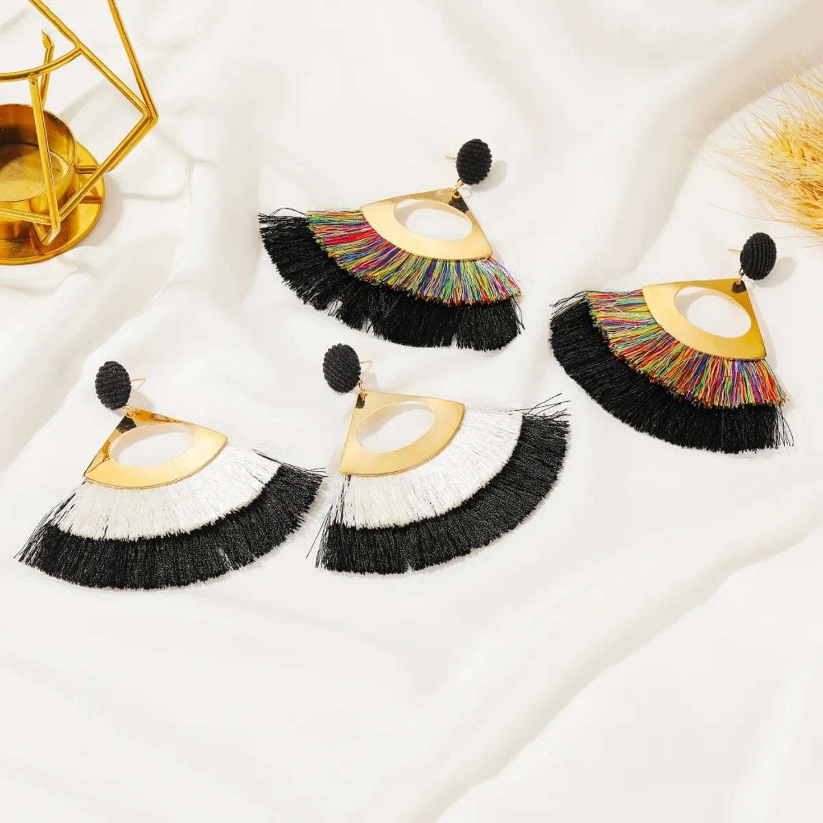 Exaggerated Hollow Tassel Earrings Bohemian Double Fan-shaped Retro Earrings Wholesale