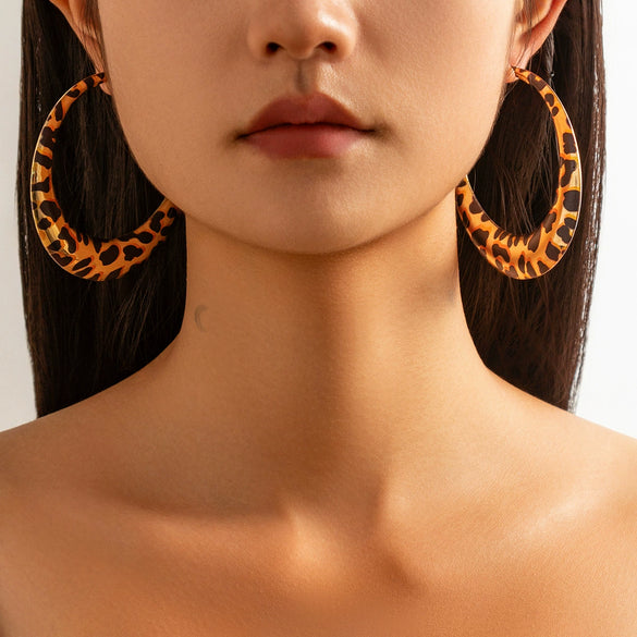 Exaggerated Hot Girl Style Leopard Print Geometric Metal Earrings For Women With Electroplating
