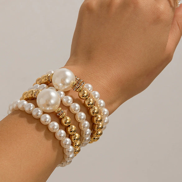 Exaggerated Imitation Pearl Stacked Bracelet Geometric Electroplated Women's