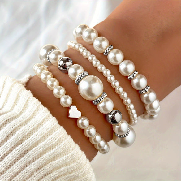 Exaggerated Imitation Pearl U Shaped Beaded Bracelet Set With Diamonds For Women