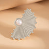 Exaggerated Irregular Feather Ring With Geometric Pearl Inlay Polished Zinc Alloy Statement Jewelry For Unisex Wear