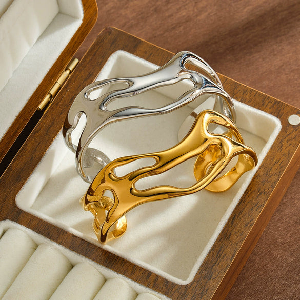 Exaggerated Irregular Geometric Hollow Bracelet In Stainless Steel With 18K Vacuum Gold Plating For Statement Jewelry